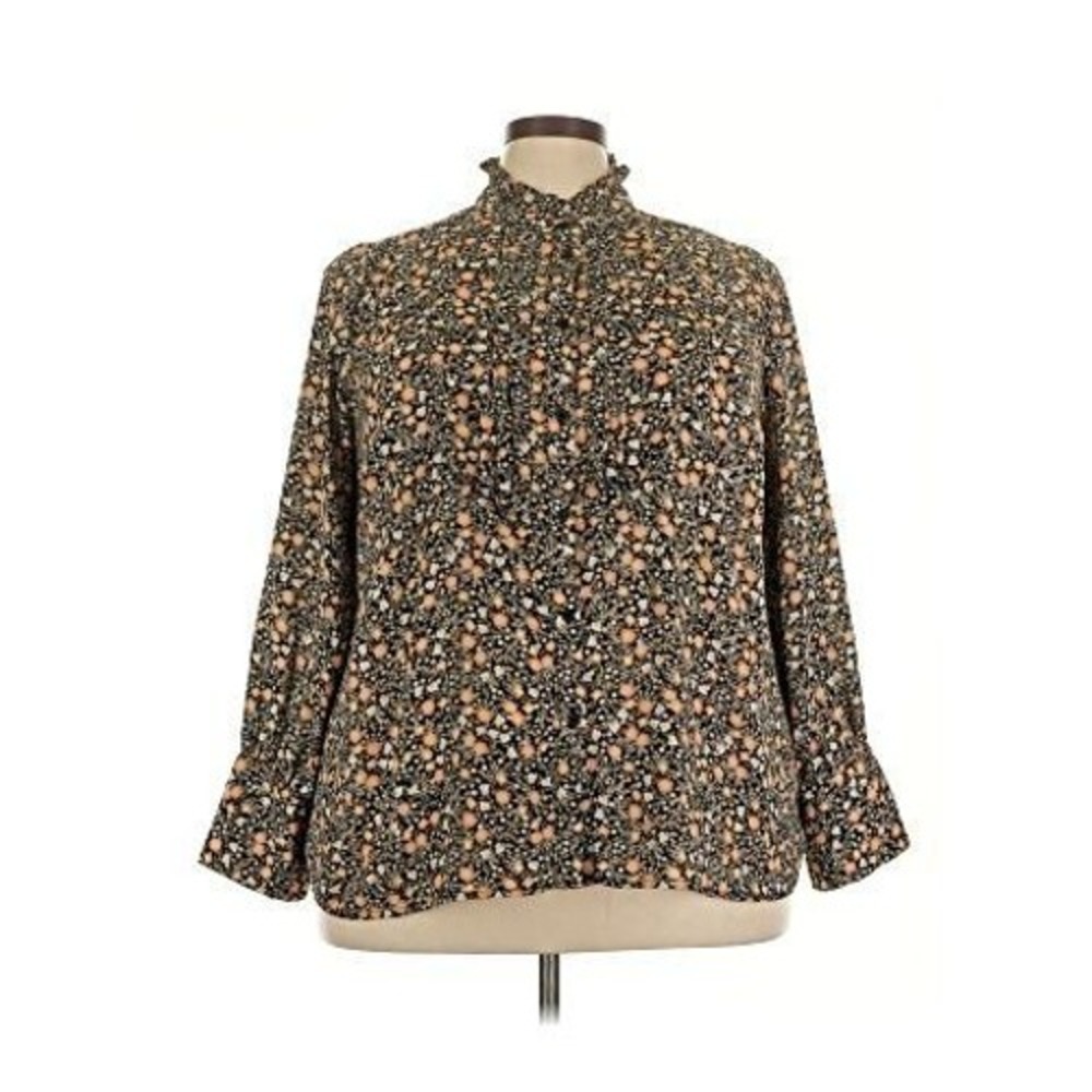 Nili Lotan x Target Floral Ruffle Neck Pleated Blouse Black Orange 2X Plus Size